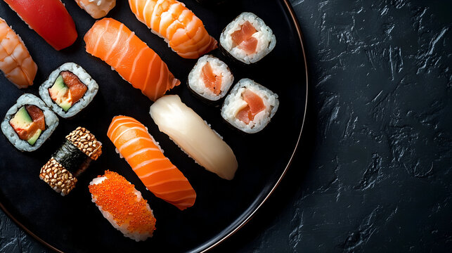 Japanese sushi set with nigiri and maki rolls on a black plate. Minimalist composition with clean space for menu or branding. Ideal for Japanese cuisine themes.