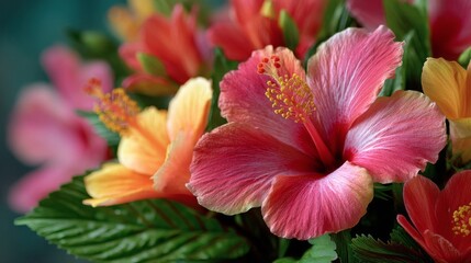 Closeup of Vibrant Pink and Orange Hibiscus Blossoms
