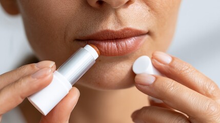 Close-up of mature caucasian woman applying lip balm for moisturizing