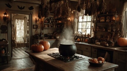 Rustic Kitchen with Pumpkins and Steaming Pot