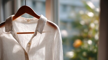 White Shirt Hanging on Wooden Hanger Near Window