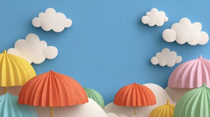 Colorful Paper Umbrellas and Clouds on Blue Textured Background