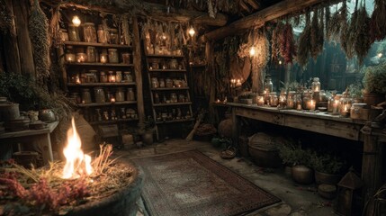 Mystical Herbalist's Workshop: Rustic Interior with Fire and Herbs