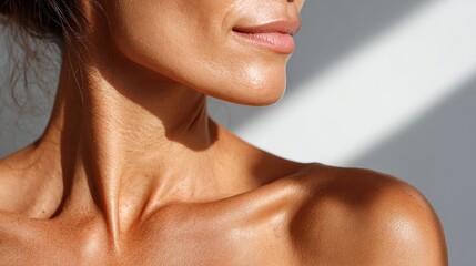 Close-up of female adult with tanned skin and subtle smile in natural light