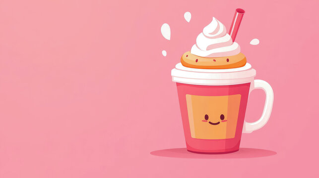 A delightful pink beverage cup adorned with whipped cream and a smiling face, ideal for a sweet treat concept.