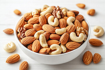 Great for snack advertisements. Healthy mix of almonds, walnuts and cashews in a white bowl.