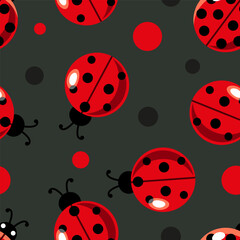 Seamless Ladybug Pattern Gray background with black and red dots. Seamless ladybug pattern. isolated. Ideal for fabrics, wallpapers and nature-themed designs