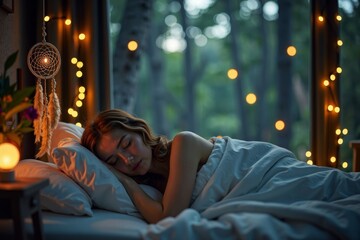 Reclining in a Wonderland: Woman with RLS Enveloped in a Magical Forest with Fairy Lights and a Dream Catcher
