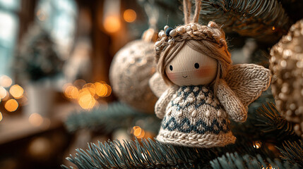 Obraz premium Close up of a christmas tree with a handmade angel ornament and blurred christmas lights around it