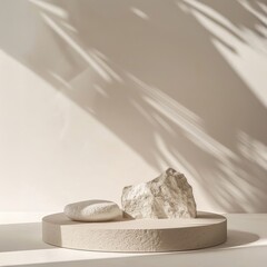 A harmonious composition featuring a textured white rock next to a small, smooth white pebble, both resting on a round, light-beige platform, with gentle leaf shadows on a light wall.