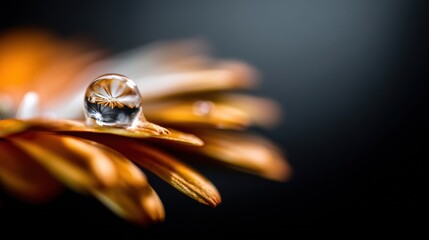 An extreme close-up of an orange flower petal with a water droplet, revealing delicate refractive details.