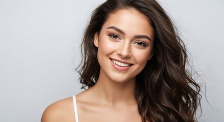 Naklejka premium A beautiful young woman with long wavy brown hair and a radiant smile looks directly at the camera against a plain