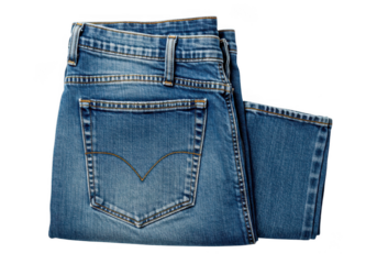 A pair of folded blue denim jeans with visible stitching and pockets isolated on transparent background