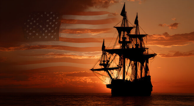 A large ship is sailing in the ocean with the American flag in the background