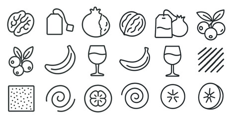 Series of food and drink icons, including a banana, a glass of wine, and a tea bag