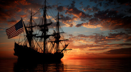 Obraz premium A large ship sails in the ocean with a flag on the mast