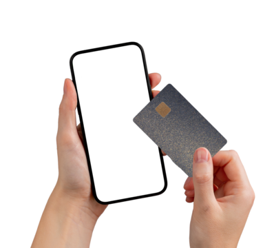 Phone screen with card. Woman holding smartphone with blank display, using mobile app for online