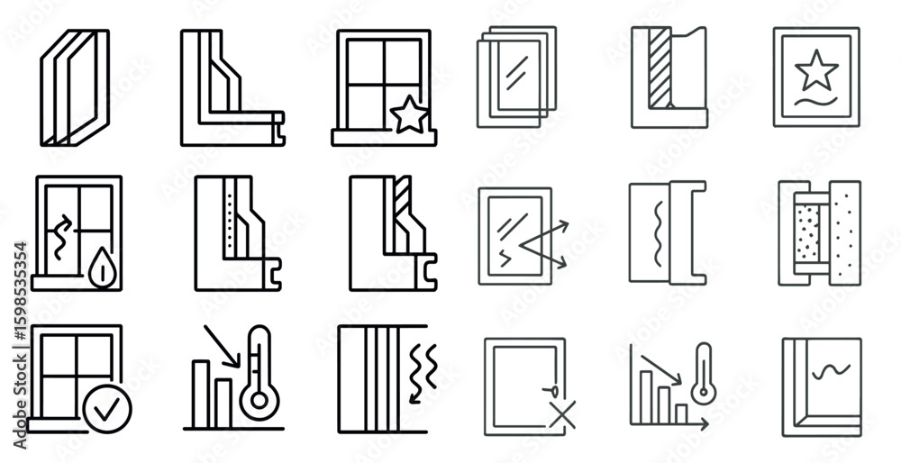 Poster set of icons for windows and doors. the icons include a window with a star, a window with a raindrop