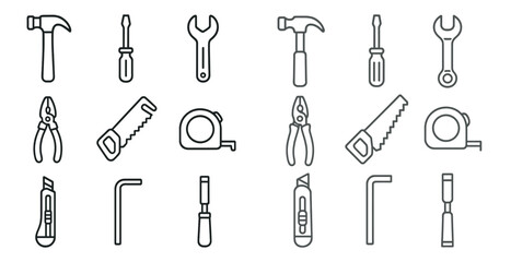 Set of tools are shown in a grid. The tools include a hammer, pliers, a screwdriver, a wrench, and a saw
