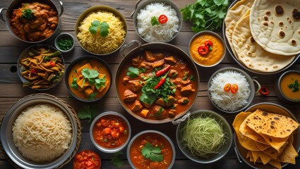 Fototapeta premium Grand Indian Feast: Assortment of Traditional Curries, Rice & Breads