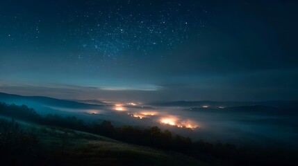 Obraz premium Misty valley sparkles beneath starry night. Dark, dreamy landscape evokes wonder. Ideal for travel marketing, web design.