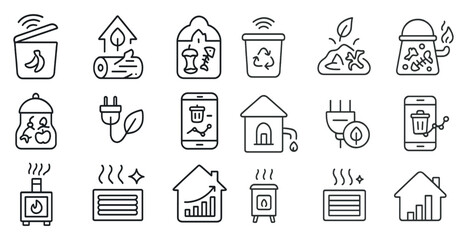 Set of icons for various household items, including a trash can, a recycling bin, a cell phone, and a house