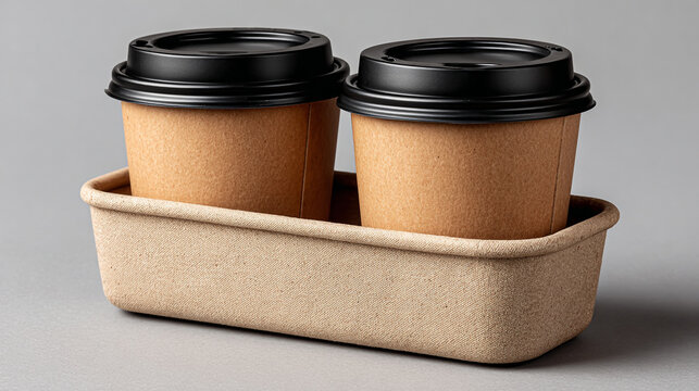 Two coffee cups with black lids in a cardboard carrier on a gray background close up studio shot