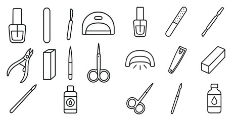 Collection of nail care tools and products. The image is a collection of various items such as scissors, nail clippers, nail files, and nail polish
