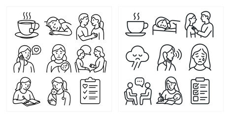 Set of icons depicting various emotions and situations. The icons include a person talking on a phone, a person sleeping, a person reading a book, a person holding a baby