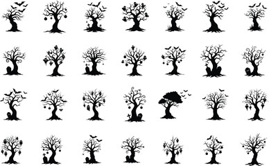 Spooky Halloween Tree Silhouettes Collection with Ghosts, Bats, Pumpkins, and Graves Vector Set for Horror and Scary Themes .