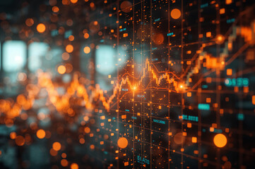 Financial Data Visualization: Abstract Market Analysis with Orange and Teal Bokeh, Dynamic Financial Chart: Conceptual Representation of Market Trends and Volatility