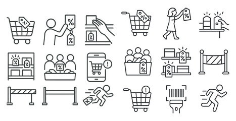 Series of shopping icons, including a person holding a shopping bag and a person holding a shopping receipt