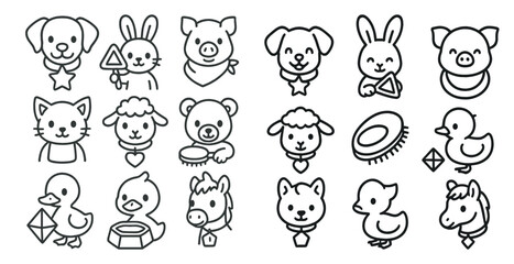 Collection of cute animal faces in black and white. The animals include a dog, a cat, a pig, a rabbit, a horse, a duck, a sheep, a bear, and a cat