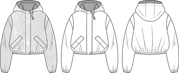 Cropped hooded jacket front and back, houndstooth design, fashion illustration, winter outerwear sketch, stylish garment drawing, clothing concept