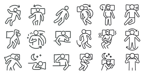 Series of cartoonish drawings of people in various positions, including sleeping, lying down, and sitting. The drawings are all in black and white and are arranged in a grid