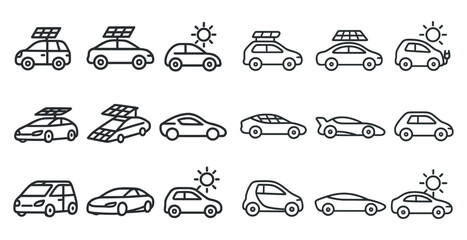 Series of cars with a sun on top of one of them. The cars are all different shapes and sizes