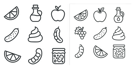 Set of food icons, including apples, oranges, and pickles. The icons are drawn in black and white