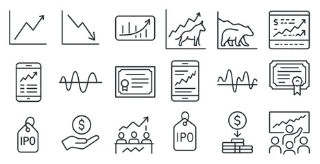 Fototapeta premium Set of icons for financial graphs and charts. The icons include a bear, a cell phone, a tablet, a dollar sign, a graph, a chart, a person, a hand, a price tag, and a person pointing