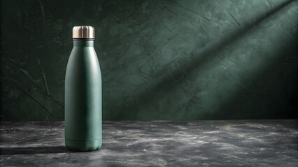Stylish green reusable water bottle with metal cap on textured surface