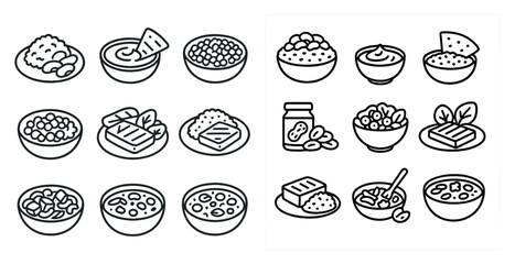 Set of white bowls with various food items in them. The bowls are arranged in a grid pattern, with some bowls overlapping each other