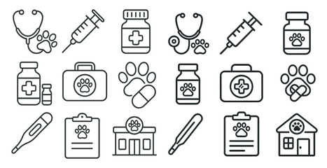 Set of medical symbols including a stethoscope, syringe, and medicine bottles. The symbols are arranged in a grid and are all in black