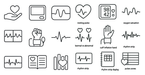 Collection of medical icons including a heart, a hand, and a book. The icons are arranged in a grid, with some overlapping each other. Scene is serious and informative