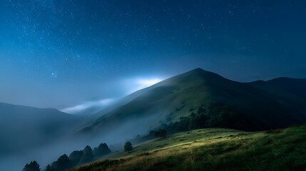 Night sky shines over misty mountains. Concept: serene nature. Ideal for travel, marketing, web design, editorial use.