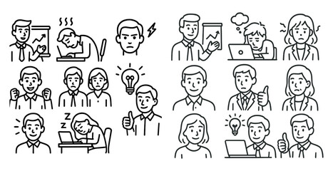 Series of cartoon faces with one saying "I'm tired" and another saying "I'm happy"