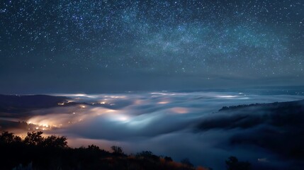 Naklejka premium Starry night sky meets fog-covered valley. Scenic landscape for travel, web design, and marketing.