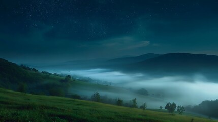 Fototapeta premium Night landscape shows foggy valley with starry sky. Scenic vista for travel, nature, web design, and marketing.