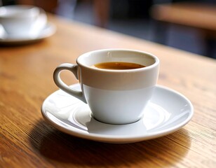 Espresso in white cup on wooden table