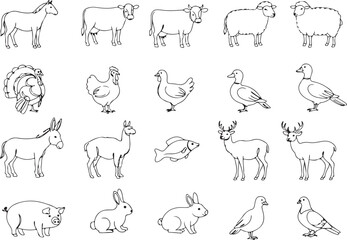 Farm and Domestic Animal Icons Pack, Livestock and Wildlife Vector Set, Cow, Horse, Pig, Sheep, Duck, Rabbit, Deer, Turkey, Fish, Pigeon, Llama