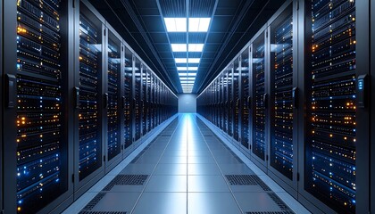 Obraz premium Server room corridor illuminated by blue and orange lights