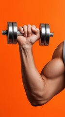 Male caucasian young adult lifting dumbbell on vibrant orange background